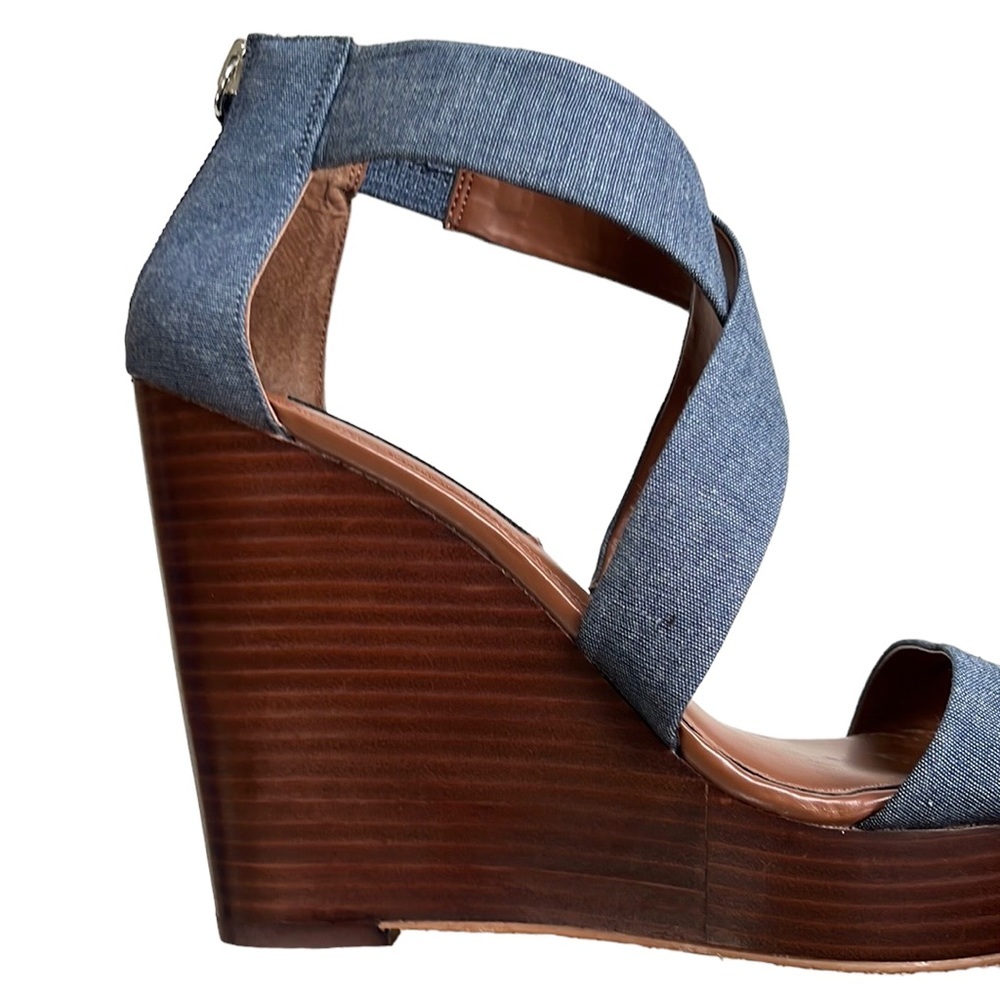 White House Black Market Blue Denim Crisscross Wedge Sandals - Picture 2 of 8